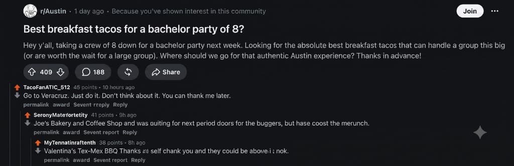 Forum thread asking for the best breakfast tacos in Austin
